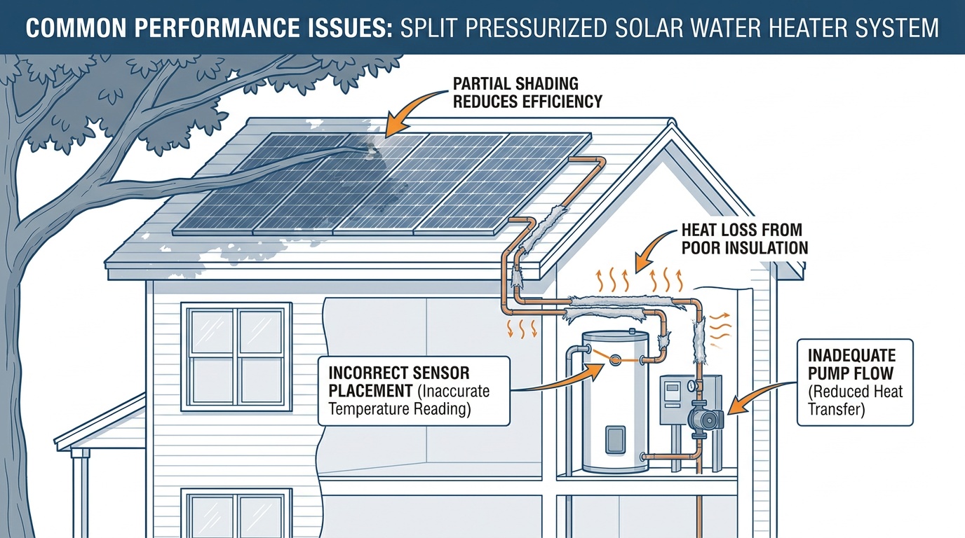 Common performance issues in split pressurized solar water heater system including partial shading, poor pipe insulation, incorrect sensor placement, and inadequate pump flow